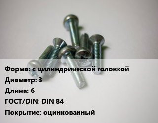 Винт с цилиндрической головкой 3х6 DIN 84 оцинкованный, цена за шт, кг цена По запросу где купить, условия доставки в Алматы и Алматинской области